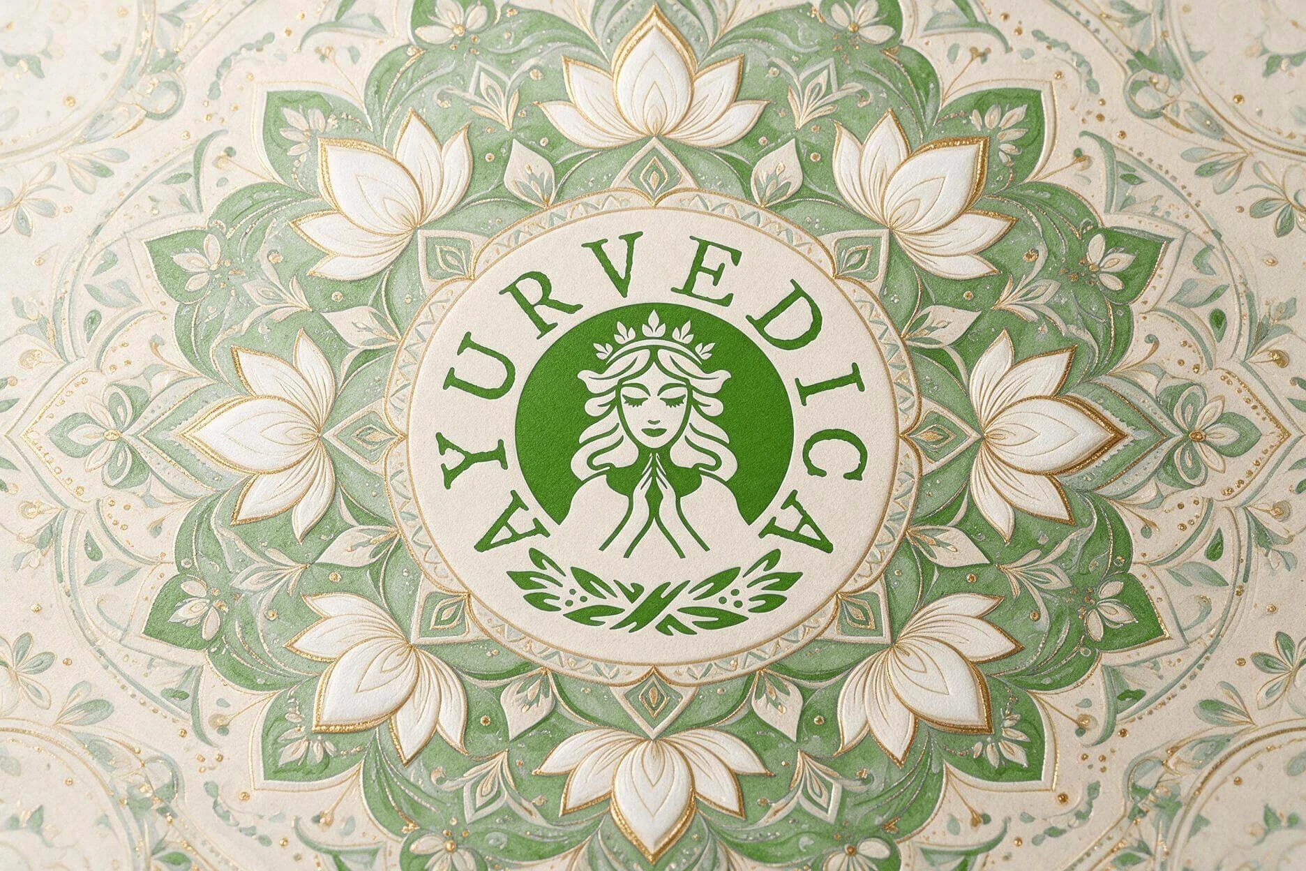 Ayurvedica-Motiv mit Lotusornamenten in Grün und warmem Goldgelb